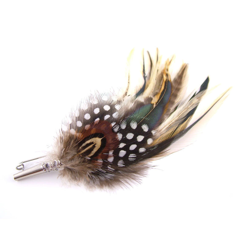Feather-hat-pin-with-badger-hackle-with-guinea-fowl-pheasant-feathers