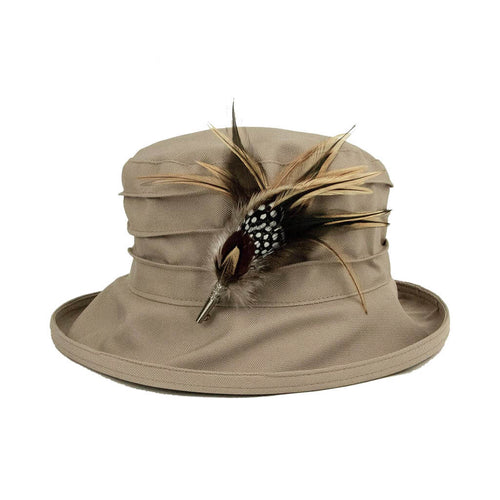 peak-and-brim-lucy-taupe-rain-hat-with-feather-hat-pin-on-hat