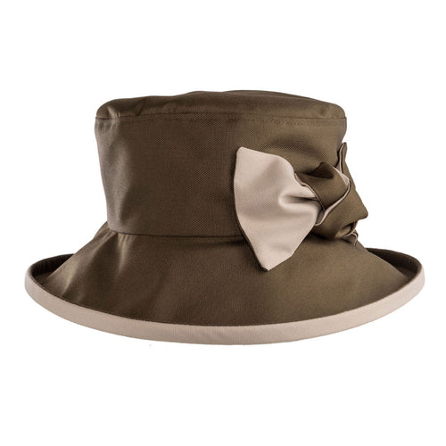 ladies olive green rain hat with cream bow and under brim