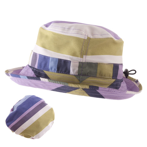 ladies packable rain hat in purple blue cream and green stripes